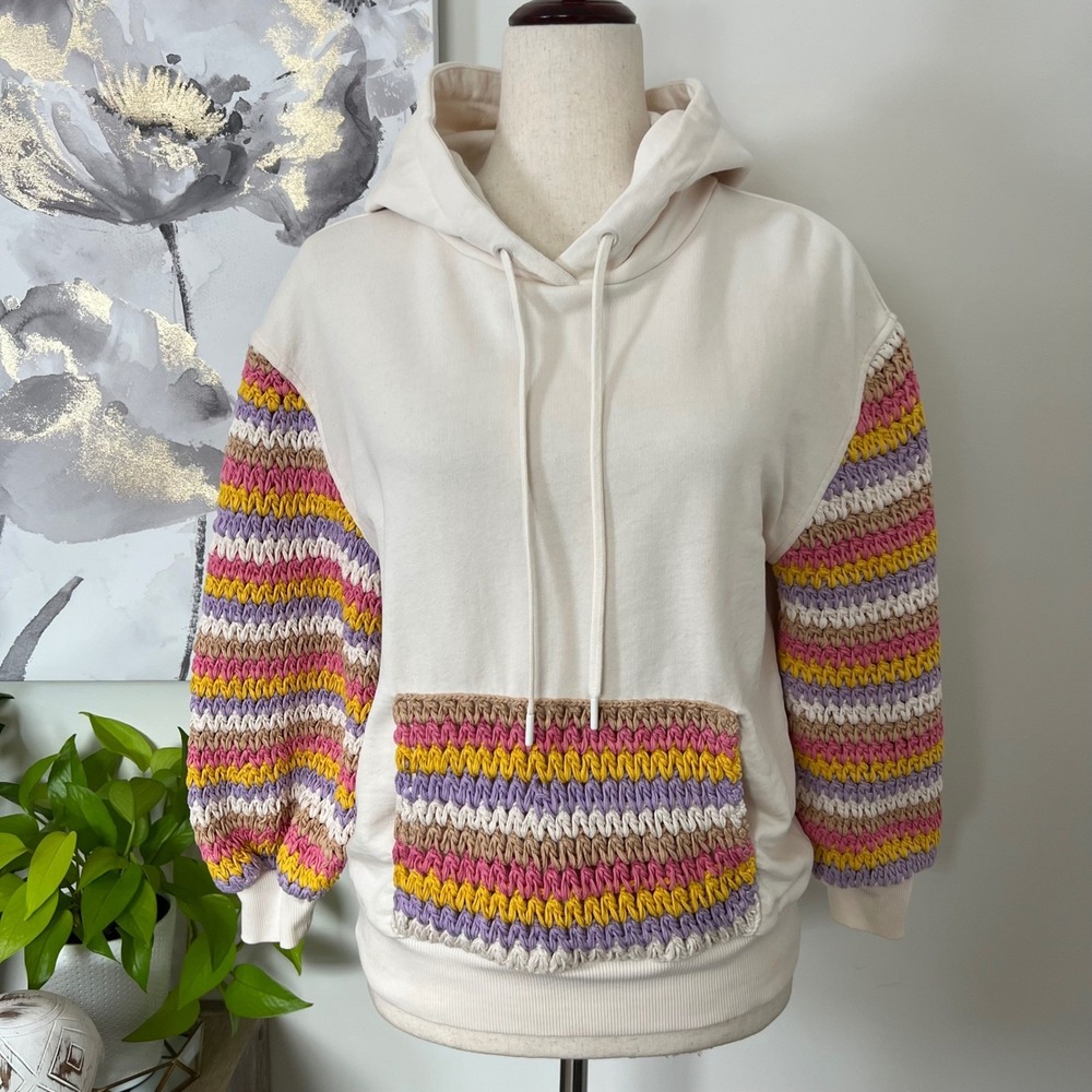 Alice‎ + Olivia Nisa Hoodie Striped Crochet Pullover Knit Sweatshirt Boho